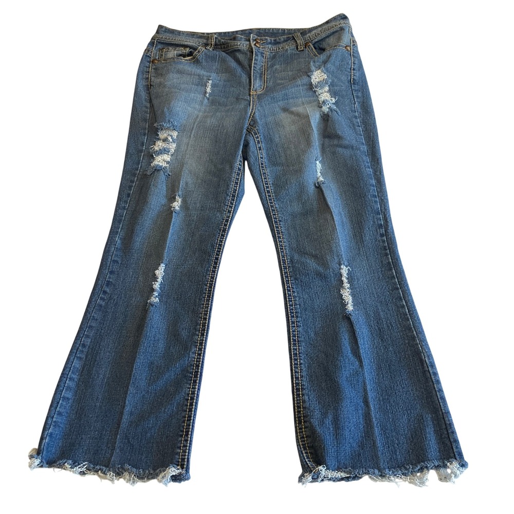 Code Bleu Jeans Womens 16W 35x28 Bootcut Distressed Two Button Sequin Raw Hem
